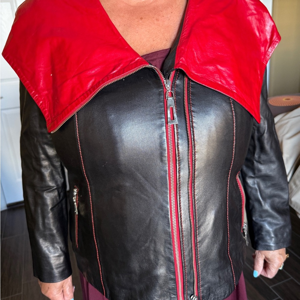 Red and Black Women's Leather Jacket